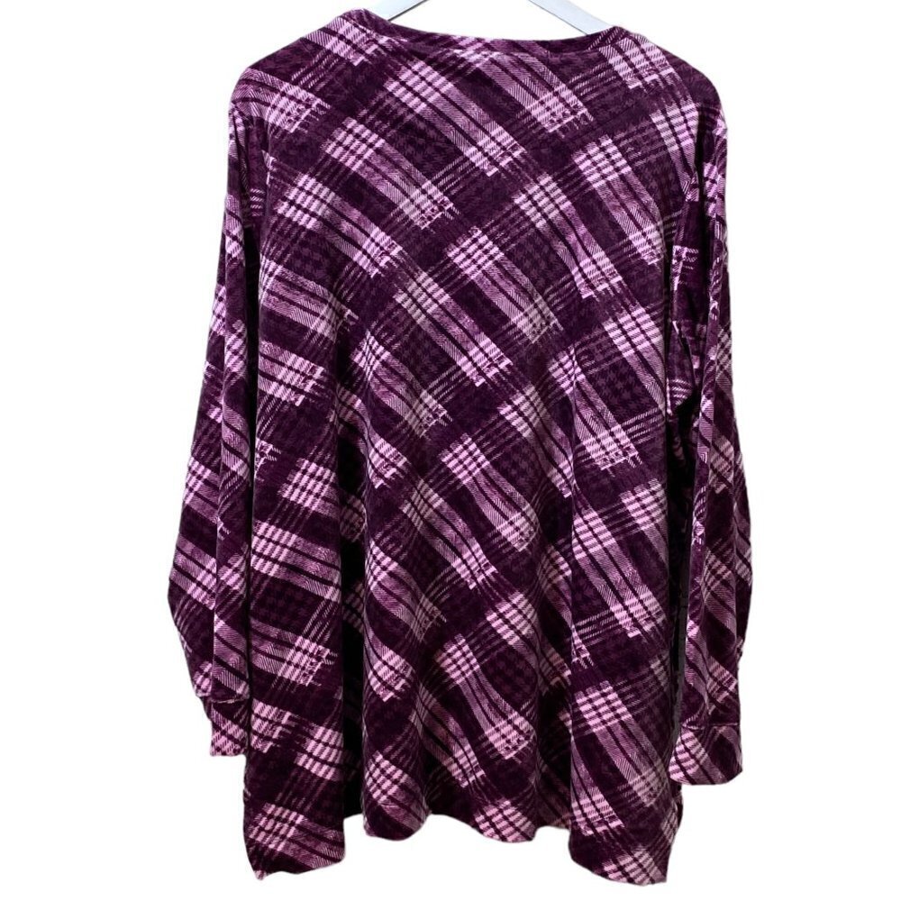 Denim & Co. Velour Top 2xp Plum Check Pullover Long Sleeve — image 6 of 8